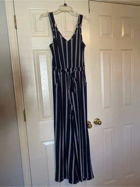Striped Navy Jumpsuit with Tie Waist - Women